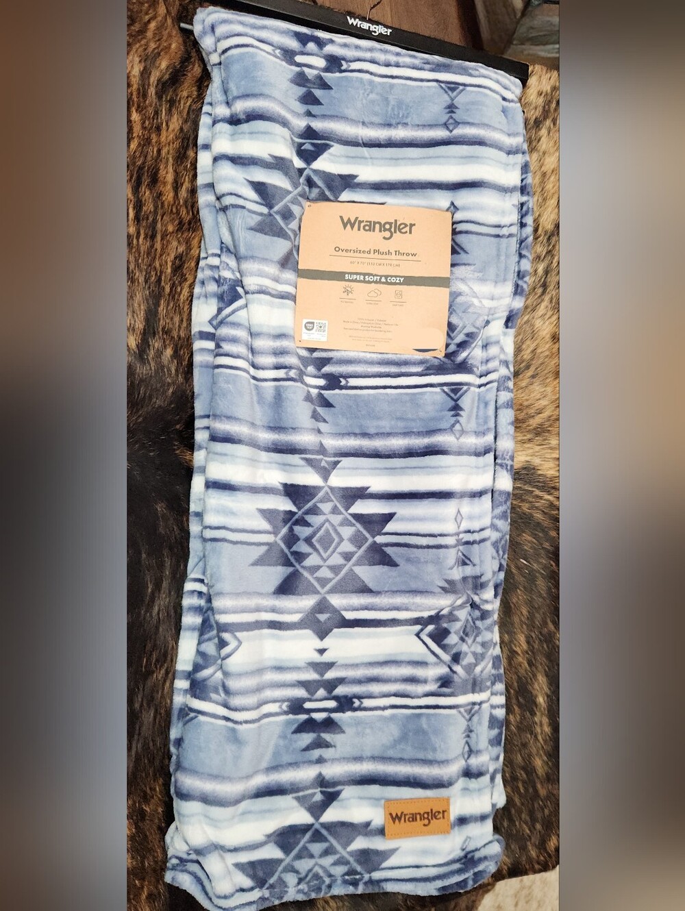 Wrangler Blue and White Southwestern Plush Throw Blanket